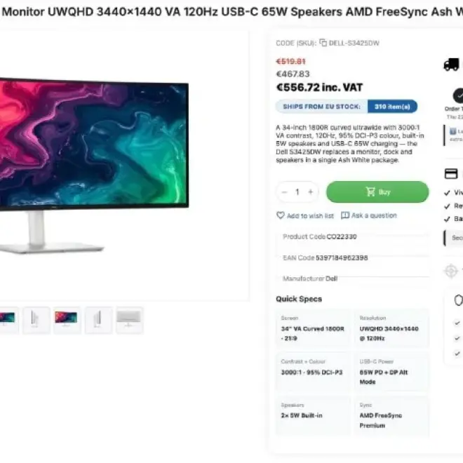 Монитор Dell S3425DW 34" изогнутый ультраширокий 120 Гц